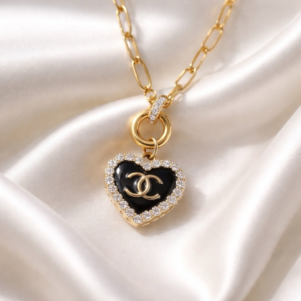 Gold Tone Chanel Heart Zipper Button Pull Necklace